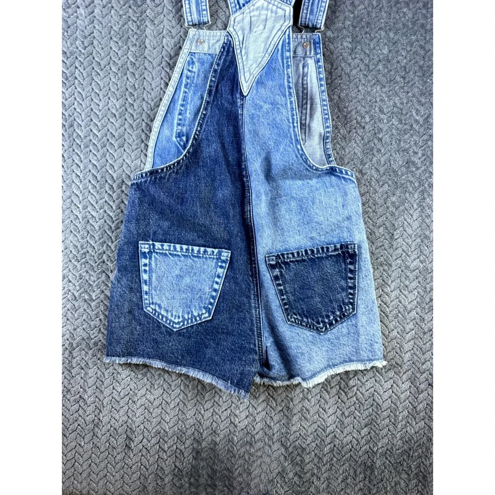 Gap Overall Shortalls Girls S 6/7 Blue Denim Patchwork Colorblock Frayed Hem